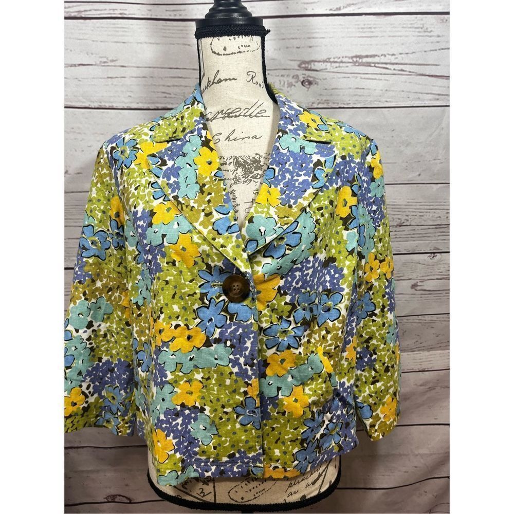 R.Q.T. Petite Floral Linen Blend Cropped‎ Blazer Jacket Blue Yellow Green PM